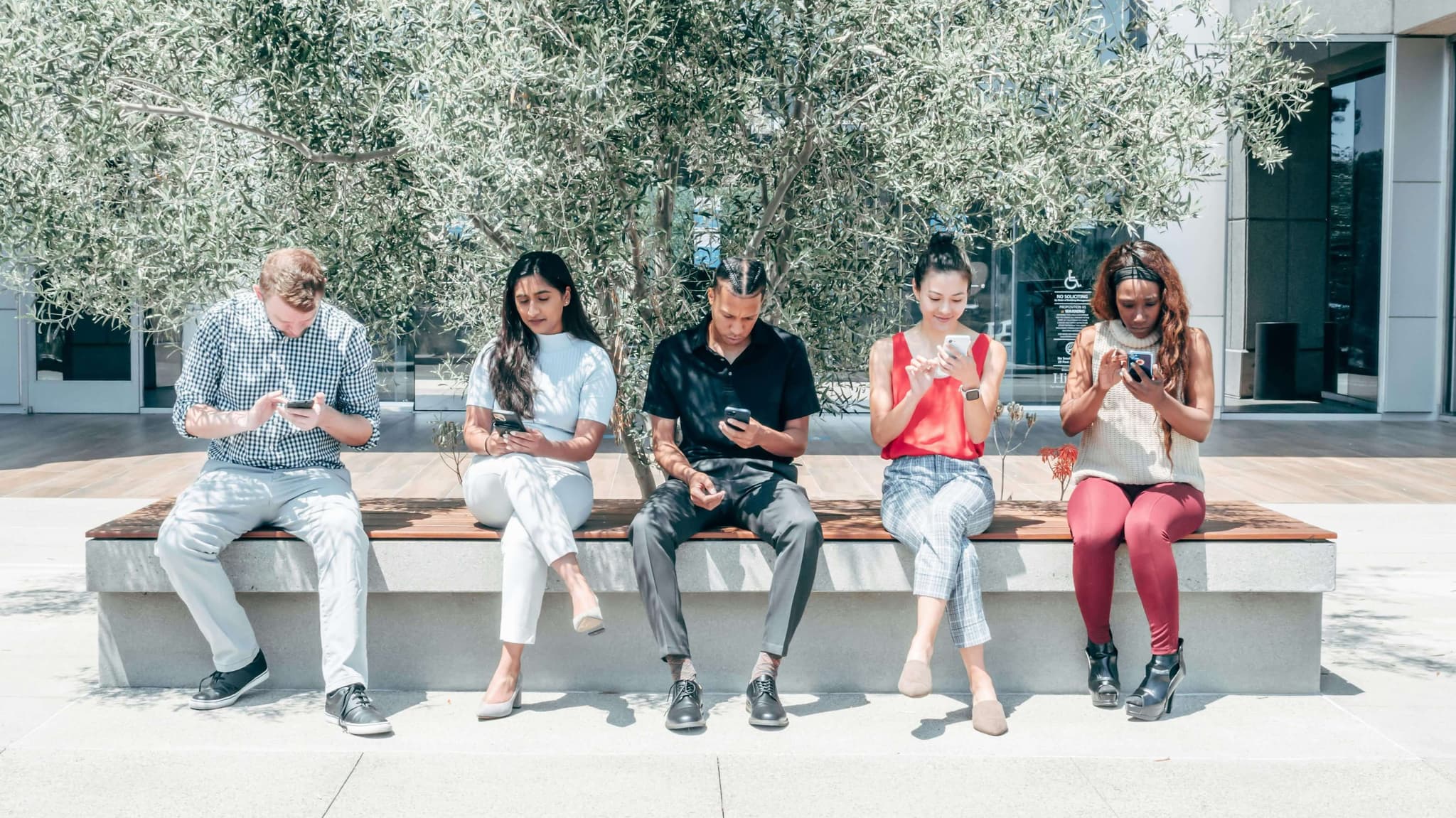 Five people sitting outside looking at their phones