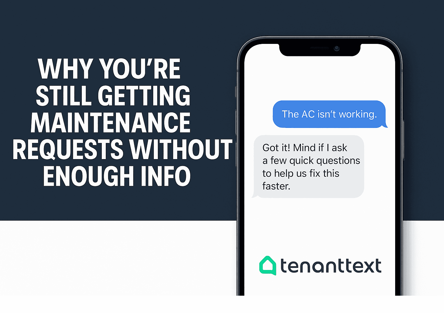 Smartphone mockup showing a maintenance text exchange between a tenant and AI assistant